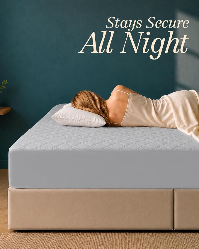 Quilted Mattress Pad Full Mattress Protector Topper fits 16" Deep LightGrey | Soft Breathable Fitted Mattress Cover, Noiseless, Deep Pockets & Machine Washable for Home & Hotels by Utopia Bedding