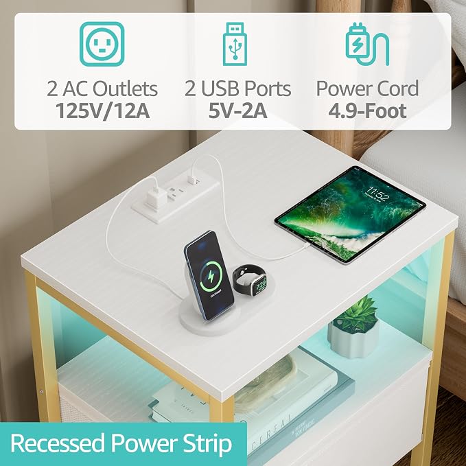 BOLUO White and Gold Nightstand with Charging Station, LED Night Stand with Fabric Drawers and Shelf, Bedside Table with USB Ports and Outlets, Bedroom Nightstand Modern