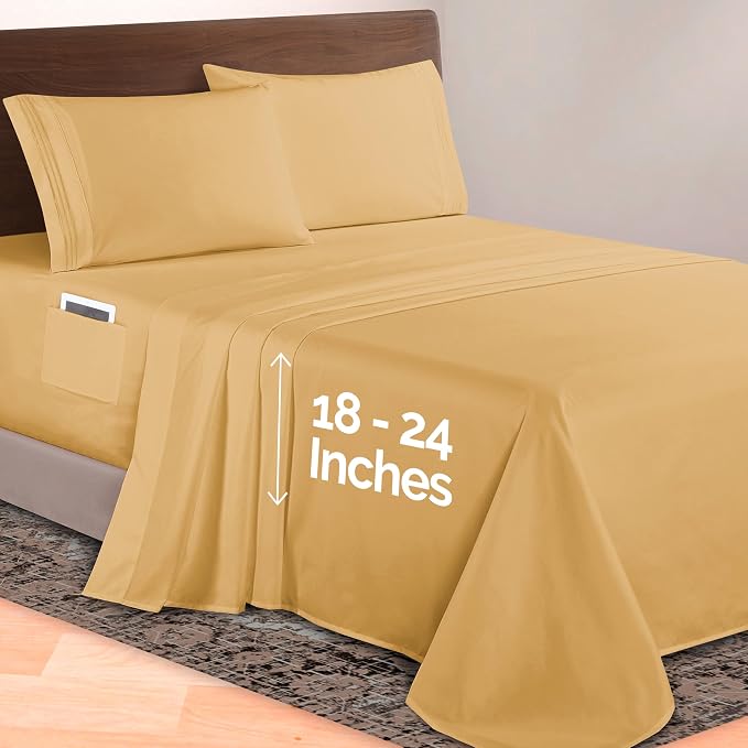 Elegant Comfort Luxurious 1500 Premium Hotel Quality Microfiber 4-Piece Sheet Set, 18-24 Inches Deep - Extra Deep Pocket Sheets - Ultra Soft 4PC Deep Pocket Sheets, Queen, Camel-Gold
