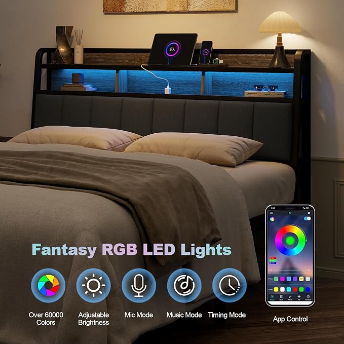 Queen Headboard Only with Storage, Charging Station, Black & Grey | Upholstered Headboards for Queen Size Bed with LED Light, Height Adjustable, Sturdy and Stable Headboard