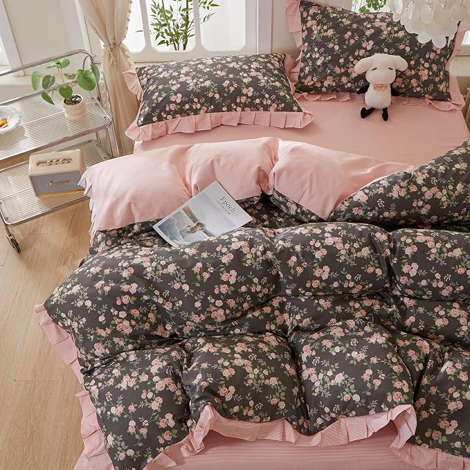 mixinni Vintage Floral Duvet Cover Set King Size – 100% Cotton Ruffle Lace Bedding, Pink Rose Flower and Green Leaf Print, Reversible Stripes Pattern, Grandmillennial Cottagecore Aesthetic 3Pcs