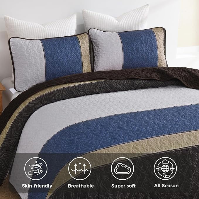 Cottolester Quilts Queen Size,Brown Blue Striped Bedspread Coverlet Set | Modern Striped plaid Pattern Design,Ultra Soft Lightweight Microfiber Quilted Bedding Sets for All Seasons 110"x90"