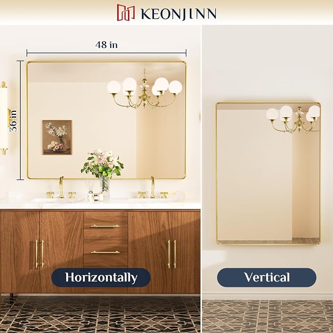 Keonjinn 48 x 36 Inch Brushed Gold Bathroom Vanity Mirror, Tempered Glass | Brass Bathroom Mirrors for over Sink, Anti-Rust Aluminum Frame, Rounded Rectangle, French Cleat Mount, Clear Reflection