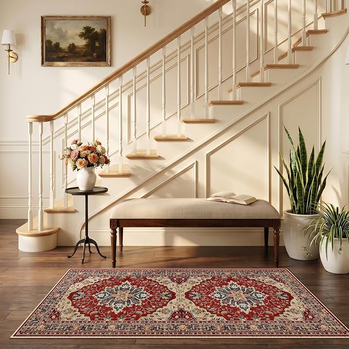 RELEANY Washable Area Rug, Runner 2'6"x5', Red/Blue | Non-Slip, Water Repellent, Pet Friendly, Easy to Clean, Vintage Floral Boho Decor for Kitchen Entry Bedroom Bedside Laundry