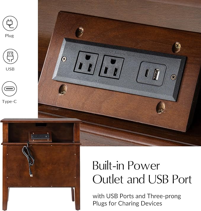HULALA HOME 30 Inches Side Table with Charging Station, Set of 2, Walnut | Spindle Legs, Hidden Drawer, Pull-Out Tray, Built-In Outlet, Chamfered Edges, Adjustable Feet, Transitional Style