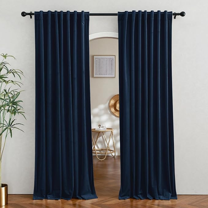 RYB HOME Velvet Curtains 84 inches for Large Window, Room Divider Curtains | Thermal Insulated， Privacy UV Heat Blocking, Back Tab, Drapes for Sliding Patio Door, W62 x L84, Navy Blue, 2 Panels