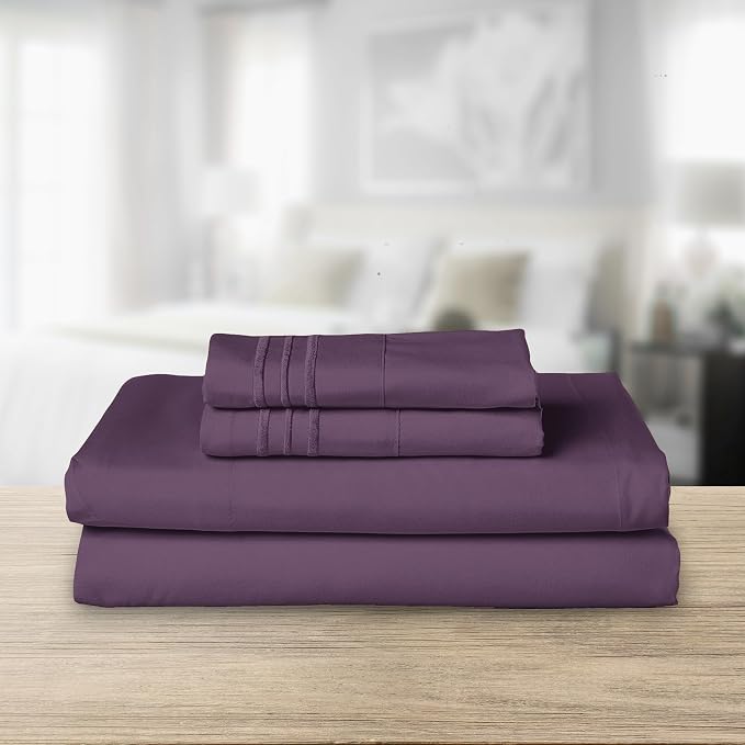 Elegant Comfort Luxurious 1500 Premium Hotel Quality Microfiber Three Line Embroidered Softest 4-Piece Bed Sheet Set, Wrinkle and Fade Resistant, Twin/Twin XL, Eggplant-Purple