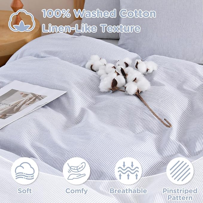 TOCOMOA Blue Striped Duvet Cover Set 100% Washed Cotton Like Linen, King | Linen-Like Feel Soft, Breathable & Comfy for All Season. Pinstriped Bedding Set with Zipper & 8 Ties. 3 Pcs, No Insert