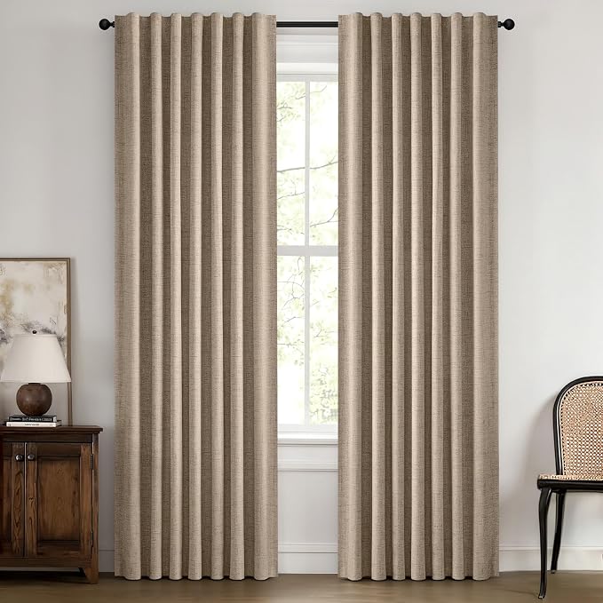 MIULEE 100% Blackout Linen Curtains 42 x 90 Inch Copper Brown 2 Panels | Thermal Insulated, Room Darkening Drapes for Bedroom Living Room, Back Tab Rod Pocket Pinch Pleated, Solid Luxury Decor