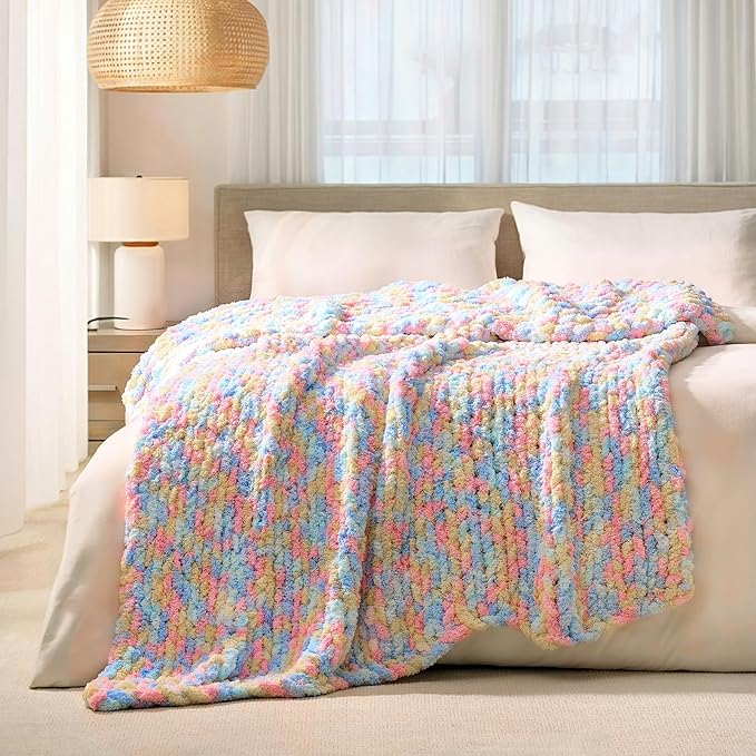 L'AGRATY Chunky Knit Throw Blanket for Couch, 50 x 60 Inches, Rainbow | Handmade Chenille Crochet Blanket for Sofa Bed, Thick Cable Knitted Blankets for Room Home Decor, Birthday Gift for Women Mom