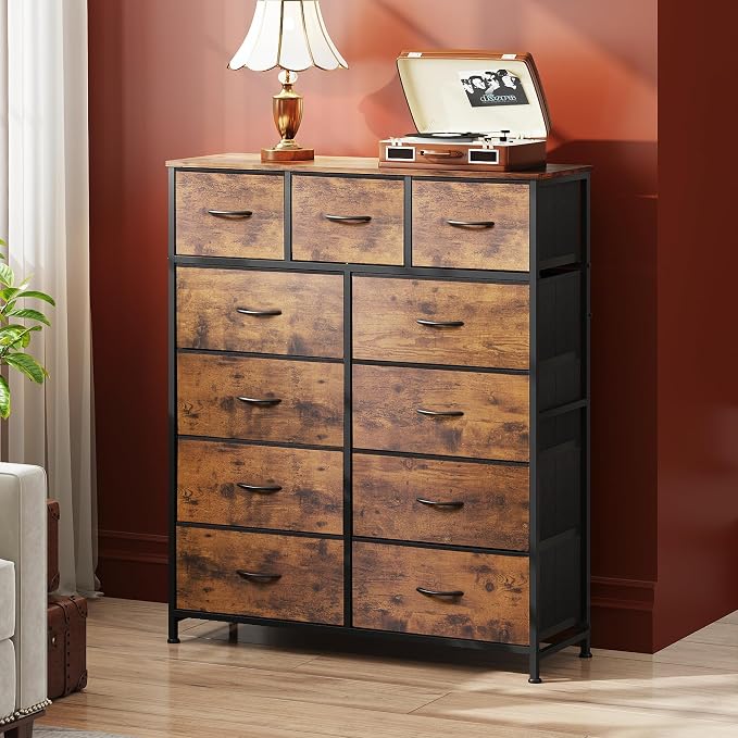 WLIVE Tall Dresser for Bedroom, 11 Drawer Chest of Drawers, Rustic Brown | 11 fabric storage drawers, Tall high-capacity design, Bedroom or dorm use, Sturdy steel frame, Smooth wood tabletop