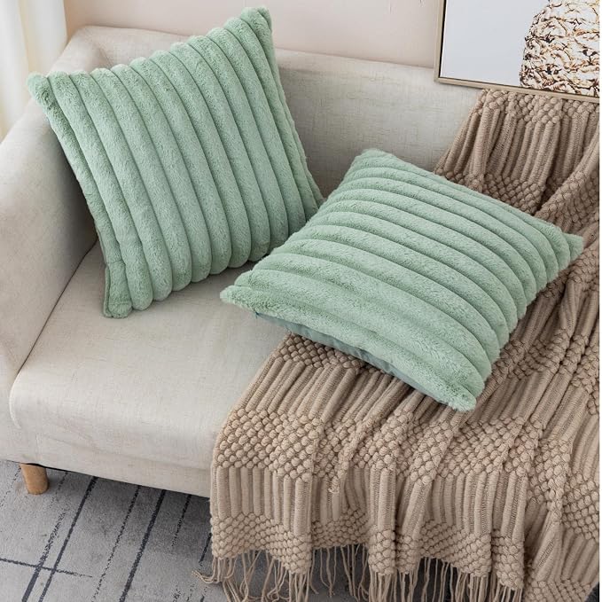 ZLINA Light Green Striped Faux Fur Throw Pillow Covers 16 x 16 Inch | 2‑Pack, boho striped pillow covers,velvet back,fuzzy plush cushion covers , for sofa bed livingroom home decor