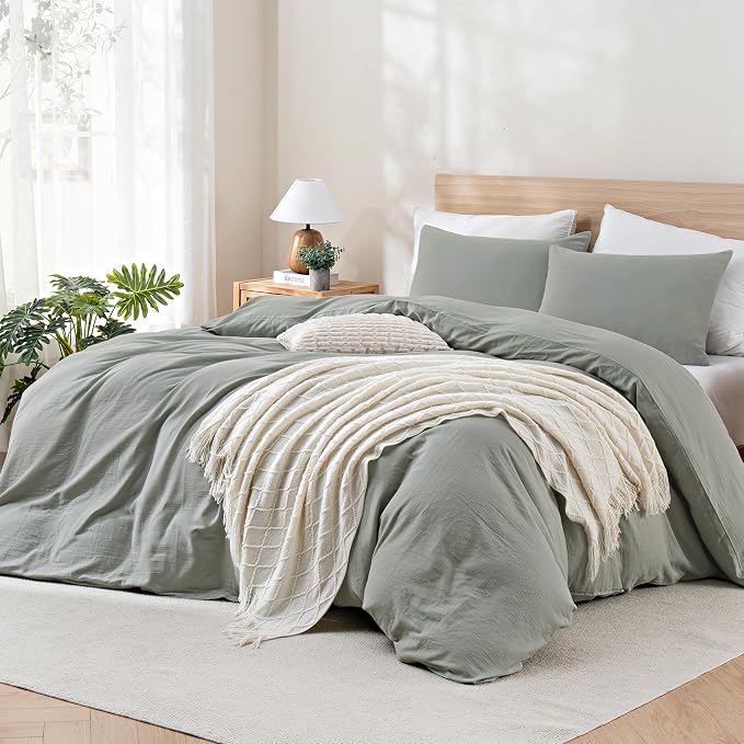 TOCOMOA 100% Muslin Cotton Duvet Cover Set, Sage Green, Queen | Linen-Like Texture. Ultra Soft, Breathable, Comfy & Lightweight Bedding Set with Zipper & 8 Ties. 3 Pcs, No Insert