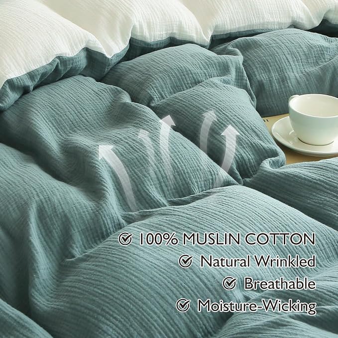 EMME Cotton Muslin Duvet Cover Set Twin Size Linen Like Soft Breathable Lightweight Summer Comforter Cover Set with Zipper Closure (Teal&White, Twin, 68"x90")