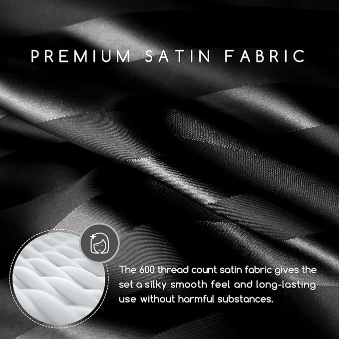 MR&HM Satin Sheets King Size with Elastic Corner Straps, Black Striped | Similar to Silk, 6-Piece Silky Soft Bed Sheet Set, Gentle on Skin and Hair, 15" Deep Pocket, Cooling & Breathable