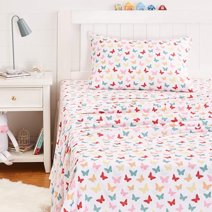 Amazon Basics Kid's Soft Easy-Wash Lightweight Microfiber 3-Piece Sheet Set, Toddler, Multi Colour, Butterflies