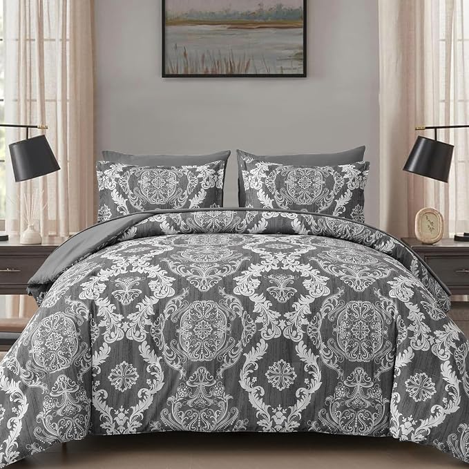 WONGS BEDDING Dark Grey Comforter Set King Size, Damask Texture 7 Pieces Bed in a Bag Microfiber Comforter Bedding Sets -1 Comforter, 1 Flat Sheet, 1 Fitted Sheet, 2 Pillow Shams, 2 Pillowcases