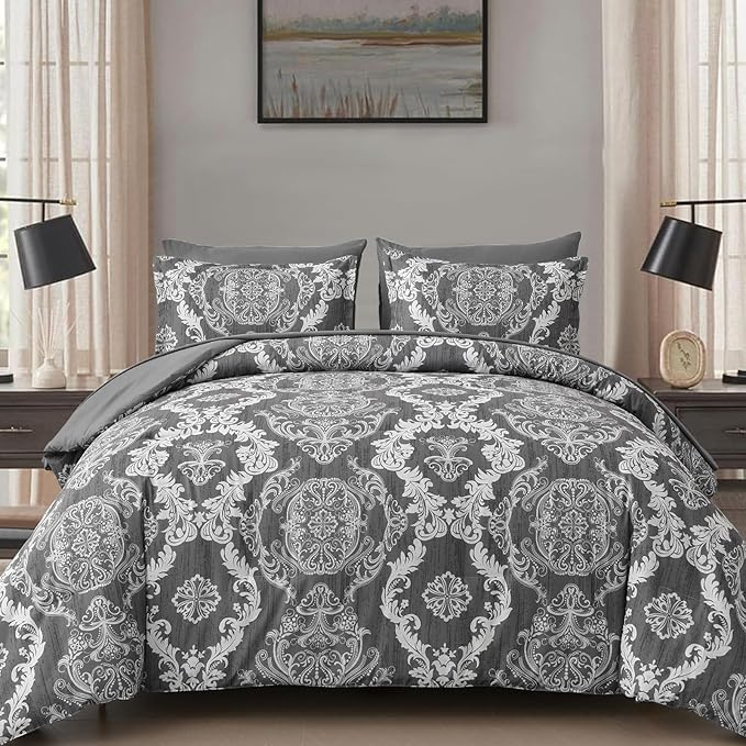 WONGS BEDDING Dark Grey Comforter Set Queen Size, Damask Texture 7 Pieces Bed in a Bag Microfiber Comforter Bedding Sets -1 Comforter, 1 Flat Sheet, 1 Fitted Sheet, 2 Pillow Shams, 2 Pillowcases