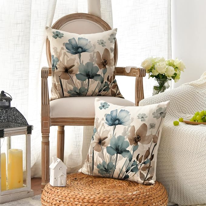 AVOIN colorlife Poppy Flowers Blue Brown Pillow Covers 18x18 Inch Set of 2 | Chinoiserie Seasonal Fall Leaves Cushion Case Decoration for Sofa Couch