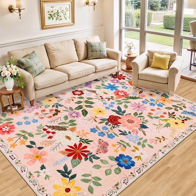 PLHXFR Area Rug Living Room: 5x7 Floral Washable Boho Soft Carpet Beige | For Bedroom Dining Room Farmhouse Nursery Hallway,Vintage Floral,Machine washable,Non Slip,Stain Resistant,Large Indoor