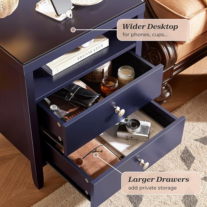 Huuger Blue Nightstand Set of 2, Night Stand with Charger Station | Bedside Table with 2 Drawers, Bed Side Tables for Bedroom, Modern Nightstands, Metal Knobs, Painted Surface