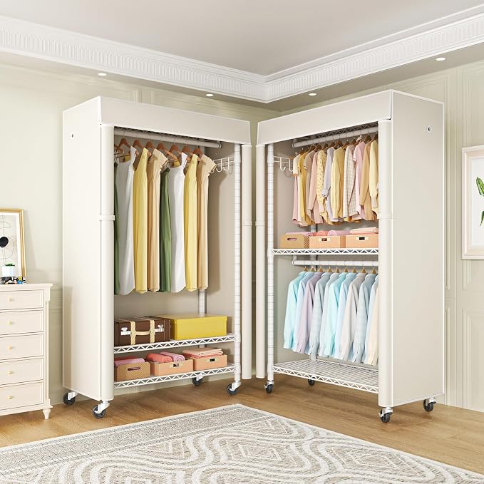 FUTASSI White Clothing Rack with Beige Cover, P1C Rolling Closets | Metal Garment Rack for Hanging Clothes, Clothing Storage Wardrobe, with Wheels