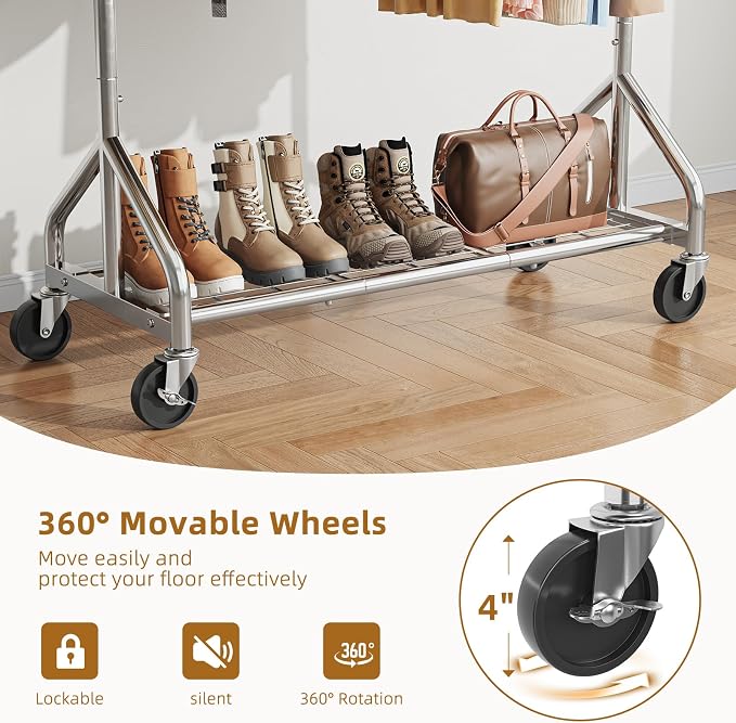 Simple Trending Heavy Duty Clothes Rack, Extensible Clothing Rack, Silver | Garment Rack Load 450 LBS, Portable Closet with Mesh Bottom Shelf, 360° Lockable Wheels, Bedroom, Laundry Room