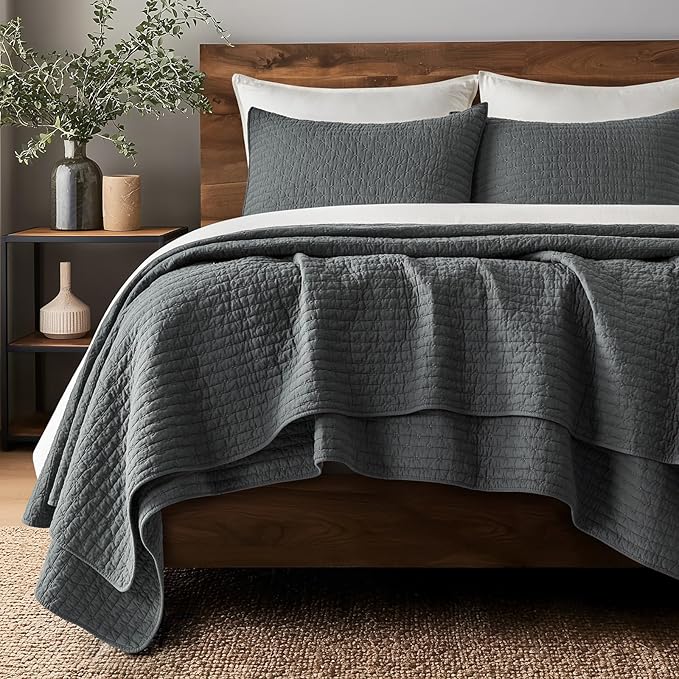 100% Cotton Cross Stitch 3-Piece Quilt Set, King, Charcoal | Cross Stitch Cotton Quilt, Pre-Washed Bedding Set, Oversized Lightweight Bedspread Coverlet, for All Season, with 2 Shams