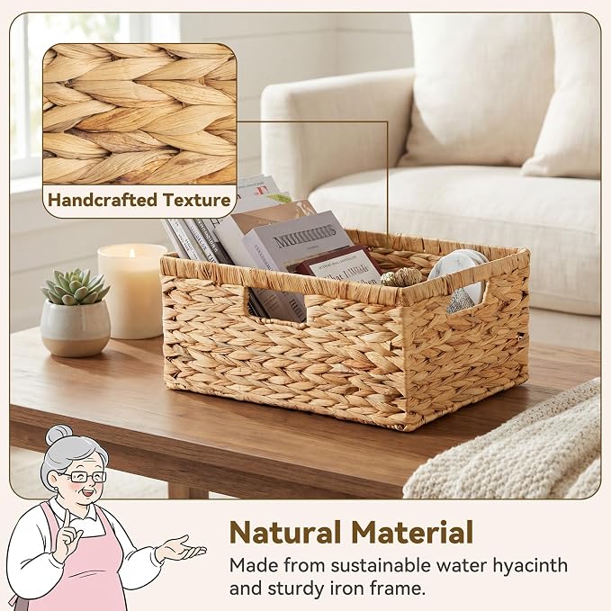 GRANNY SAYS Wicker Baskets with Handles,Large Wicker Storage Baskets,1-Pack | Water Hyacinth Woven Baskets for Storage, Wicker Baskets for Shelves, Wicker Storage Basket, Rectangle Baskets for Pantry
