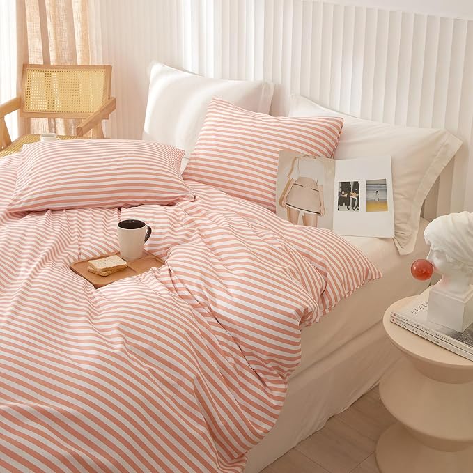 Striped Comforter Set Queen Size Fluffy Soft Striped Bedding Comforter Pink White Stripes Pattern Queen Comforter for All Season Lightweight Bedding Comforter 3 Pieces Boho Stripe Comforter Set