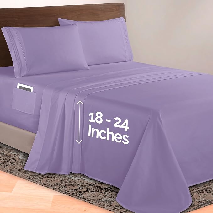 Elegant Comfort Luxurious 1500 Premium Hotel Quality Microfiber 4-Piece Sheet Set, 18-24 Inches Deep - Extra Deep Pocket Sheets - Ultra Soft 4PC Deep Pocket Sheets, Queen, Lavender