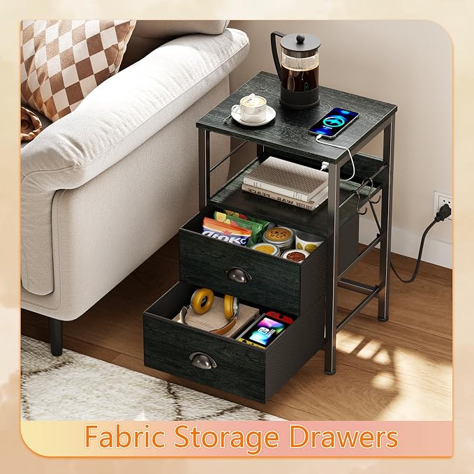 Nightstand with Charging Station for Bedroom, 2 Fabric Drawers, Black Oak | Night Stand with USB Ports & Outlets, Side Table with Storage Shelf & Hooks, Industrial End Table, for Living Room, Dorm