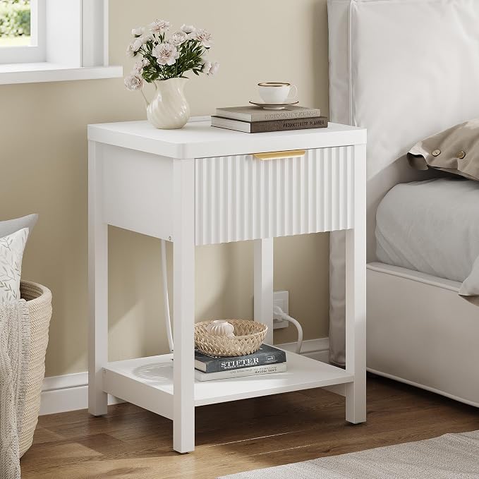 Night Stand Set 1, Fluted Wood Bedside Table w/Socket Station for Bedroom | White, Storage Drawer, Open Shelf, Metal Silent Rails, Round Corners, Modern Fluted Panel, Living Room, Bedside Table