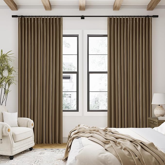 Dutch Cocoa Pinch Pleated Full Blackout Curtains Linen Blend 80 Inches Long | Room Darkening Window Curtains, for Living Room Bedroom, Thermal Insulated, Back Tab Pinch Pleat with Hooks Rings, 2 Panels