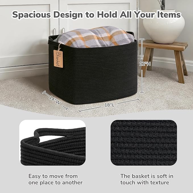 Goodpick 50L Large Woven Rope Storage Basket with Handles, Black | 18" × 14" × 12" Stylish Gift Basket for Living Room & Nursery Organization, Fits Blankets, Toys & Home Essentials Storage