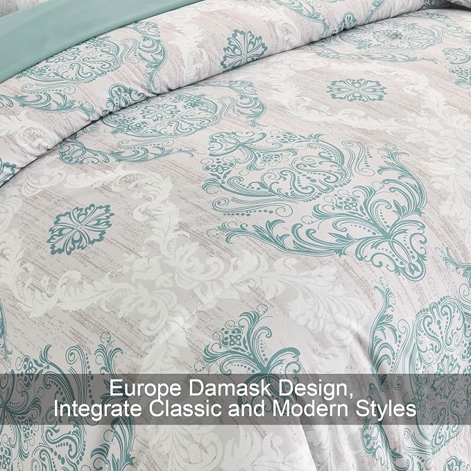 WONGS BEDDING Aqua Comforter Set King Size, Damask Texture 7 Pieces Bed in a Bag Microfiber Bohemian Comforter Bedding Sheet Set with Comforter, Flat Sheet, Fitted Sheet, Pillow Shams, Pillowcases