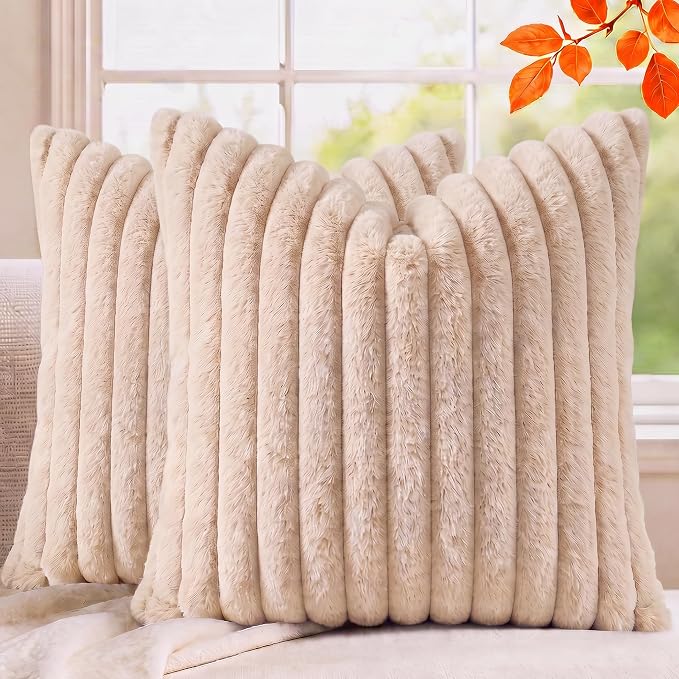 Pack of 2 Throw Pillow Covers 18x18 Decorative Solid Plush Faux Fur with Soft Velvet Back, Square Striped Cushion Cases Modern Farmhouse Home Decor for Living Room Couch Sofa Bed Apricot