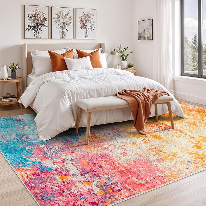 Rugflix 9x12 Area Rugs for Living Room, Washable Colorful Rainbow Large Rug | Machine Washable; Stain-Resistant; Low Pile; Non-Slip; Modern Abstract; Multi-colors Carpet for Nursery Girls Bedroom Home