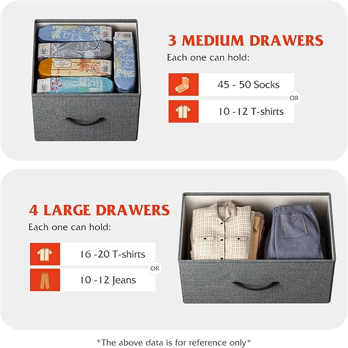 WLIVE Dresser for Bedroom, 7 Drawers, TV Stand, Dark Grey | 7 roomy fabric drawers, Fits TVs up to 45 inch, Bedroom or living room, Wide storage design, Chest of drawers