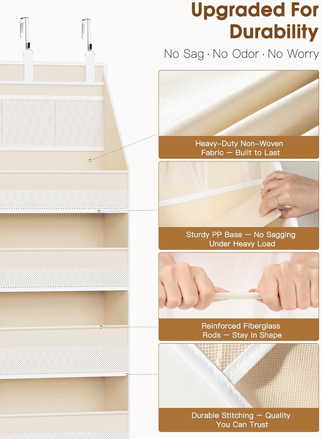 Over the Door Organizer, 6-Shelf Closet Hanging Storage with 13 Mesh Pockets, 55lbs Capacity Behind the Door Storage for Baby Nursery, Bathroom, Bedroom, and Dorm, Beige