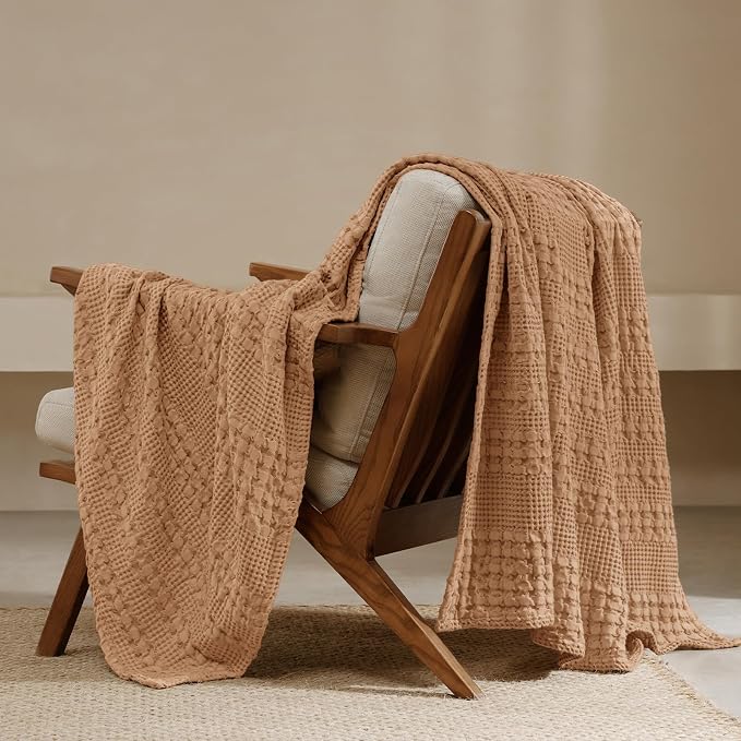 PHF Lightweight 100% Cotton Waffle Throw Blanket for Couch, Clay | Pre-Washed Soft Cotton Comfort, Breathable Layering Warmth for Fall & Winter, Office, Travel, Sofa, Home Decor & Gifts