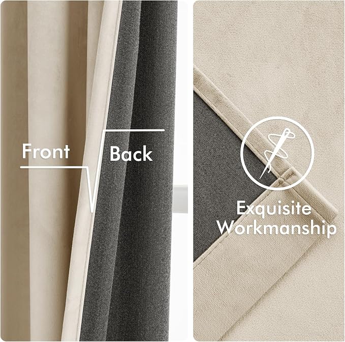 MIULEE Velvet Curtains 50W x 96L 2 Panels Beige Blackout Curtains | Luxury velvet fabric, pinch pleat design, back tab hooks, thermal insulated, blackout light blocking, for living room bedroom