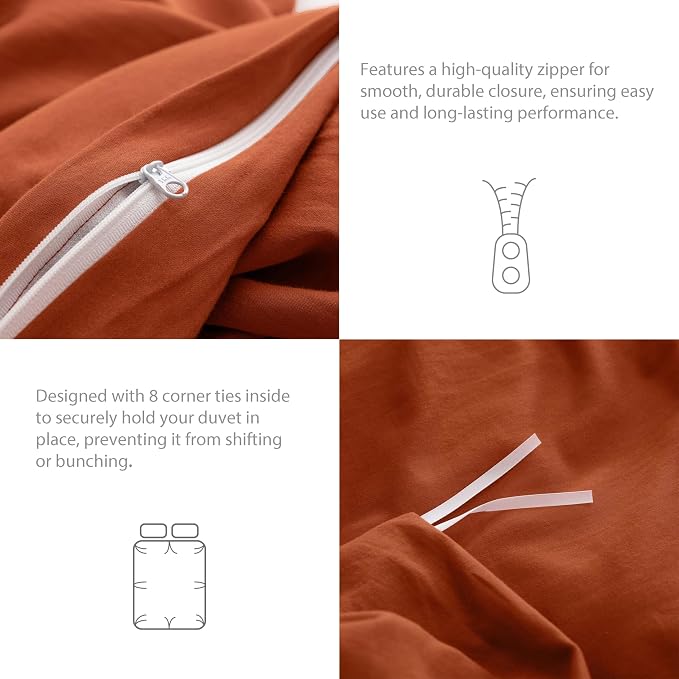HeimenAogo Egyptian Cotton Duvet Cover Set California King, Ultra Soft and Breathable Comforter Cover with Zipper Closure, High Thread Count Long Staple Cotton Blanket Cover 3pcs, Burnt Orange
