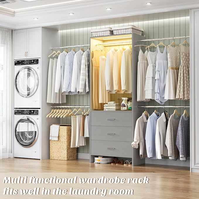 Aheaplus Closet System with Motion-Sensing Light, 3 Wooden Drawers and 4 Hanging Rods, Customizable Walk-in Closet Organizer with 3CCT LED, Heavy Duty Garment Rack for Bedroom,Grey