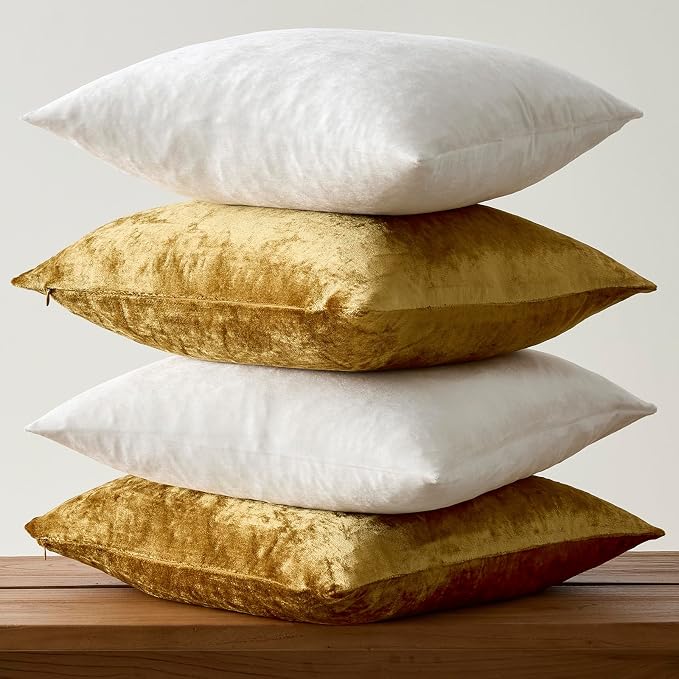 GIGIZAZA Pack of 4 Decorative Velvet Pillow Covers 20x20 Ivory Gold | Throw Pillows for Couch Sofa,280gsm Soft Textured Fabric,Modern Accent Pillowcases,Luxury Living Room Cushion Covers