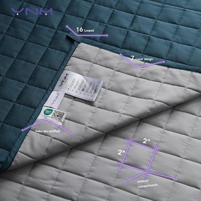 YnM Exclusive Weighted Blanket, Soothing Cotton, Smallest Compartments, Bed Blanket for One Person of 190lbs, Ideal for Queen/King Bed (60x80 Inches, 20 Pounds, Peacock/Grey Reversible)