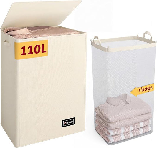 110L Laundry Hamper with Lid, Reinforced Sturdy Large Laundry Hamper with Handle and Lid, Collapsible Clothes Basket Organizer with Removable Liner Bag, Tall Dirty Clothes Bin for Dorm Bedroom