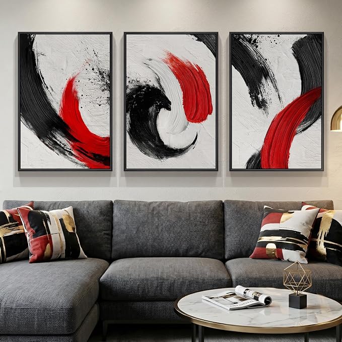 Large Framed Red Black White Abstract Wall Art for Living Room, 3 Piece | Modern Canvas Prints, Minimalist Paintings, Red Black Pictures, Abstract Artwork, Bedroom Hallway Office Wall Decor 24x36 In
