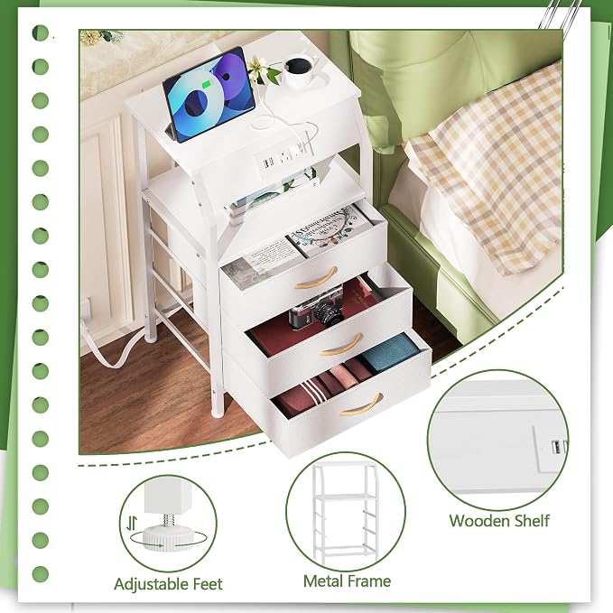 Furnulem White Nightstand with Charging Station, 3 Drawers Bedside Table | 28.3 Inch Tall Dorm Night Stand with Fabric Drawers, Storage End Table with Outlets, Small Dresser for Bedroom, 3 Ways to Use