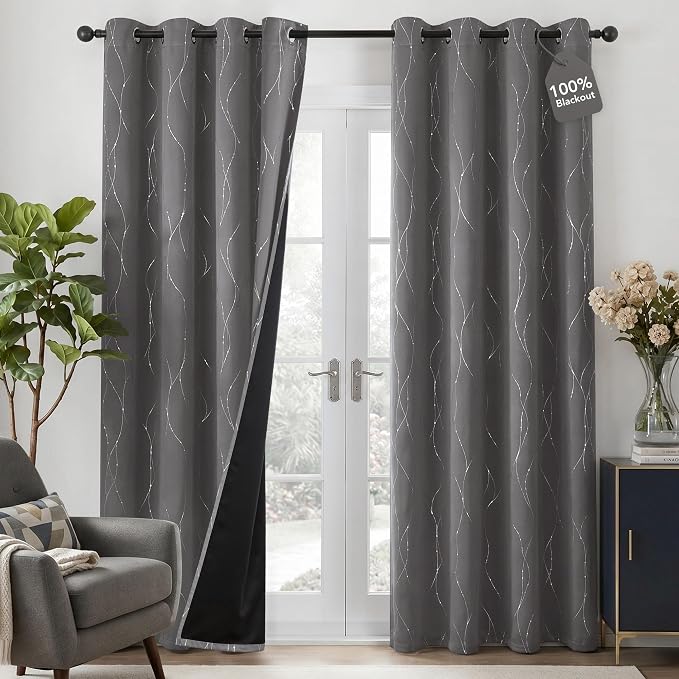 Deconovo 100% Blackout Living Room Curtains 84 Inches Long, Black Backing | Silver Line Foil Pattern Drapes, Thermal Insulated, Room Darkening, Grommet, 2 Panels Set, Light Grey, 52 x 84 Inch
